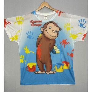 Curious George Monkey Paint All Over T-Shirt Mens White Blue XXL Y2K Logo Vision